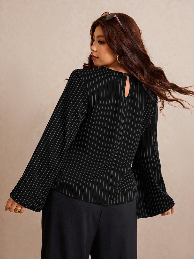 Elaquor Plus Size Women's Striped Round Neck Bell Sleeve Fashion Blouse Fall - Black - View 2
