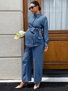 SHEIN Maternity Solid Color Single-Breasted Waist Tie Decor Long Sleeve Blouse And Casual Loose Pants 2 Pieces Set - Blue - View 9