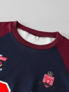 SHEIN 青少年女孩粉色與酒紅色拼色落肩袖圓領運動衫與側條紋寬腿運動長褲2件套，蝴蝶結印花休閒運動服裝，適合日常穿著、運動、好友聚會，四季穿搭 - 彩色 - 查看 3