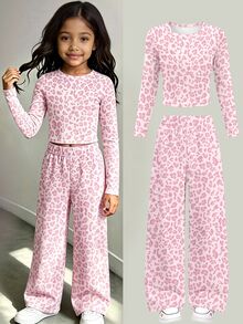 Young Girls Autumn Casual Fresh Pink Sword Pony Foundation Leopard Print Patchwork White Pattern Slim Fit Long Sleeve T-Shirt And Wide Leg Pants Set - Multicolor - View 1