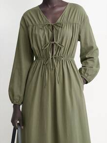 Aalyst Women's Ruched Tie Long Sleeve Dress - Apricot - View 3