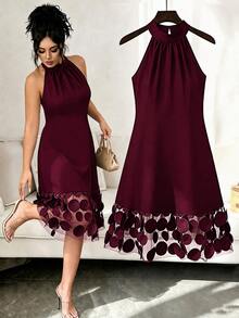 GlowEve CURVE Plus Size Elegant Patchwork 3D Mesh Dress - Burgundy - View 1
