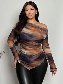 Firerie Plus Size Women's Autumn/Winter Abstract Print Asymmetric Shoulder Ruched T-Shirt - Multicolor - View 2