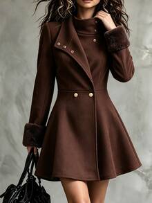 Yalmera Women's Autumn/Winter Patchwork Fur Cuff Stand Collar Elegant Overcoat - Brown - View 9