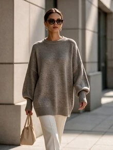 SHEIN 女款純色圓領落肩長袖休閒針織衫 - 摩卡棕 - 查看 5