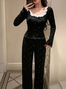 DAZY Women's 2-Piece Pajama Set With Bow Print, Frill Trim, Slim Fit Long Sleeve Top And Long Pants - Black - View 3