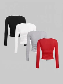 SHEIN EZwear 多色針織女款修身T恤 - 紅色 - 查看 2