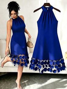 GlowEve CURVE Plus Size Elegant Patchwork 3D Mesh Dress - Blue - View 1