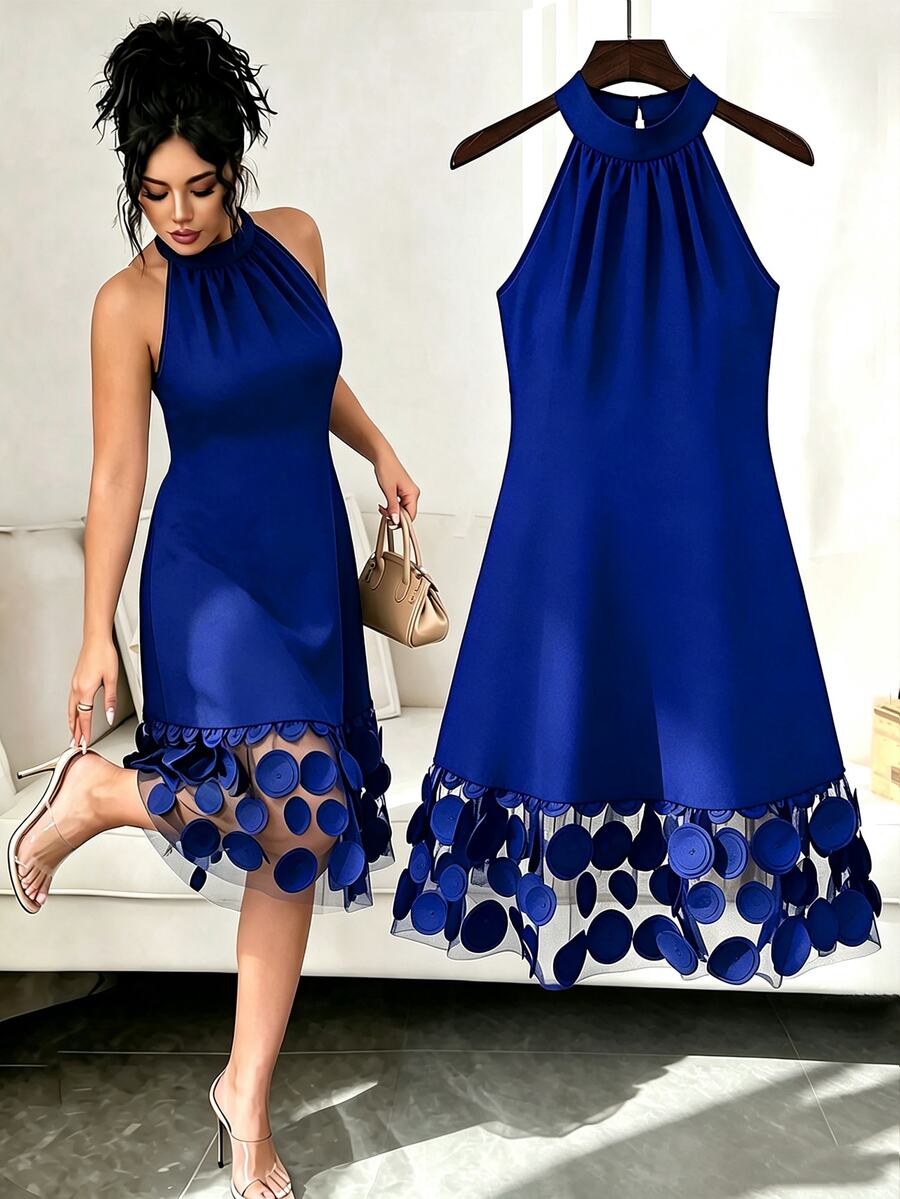 GlowEve CURVE Plus Size Elegant Patchwork 3D Mesh Dress - Blue - View 1