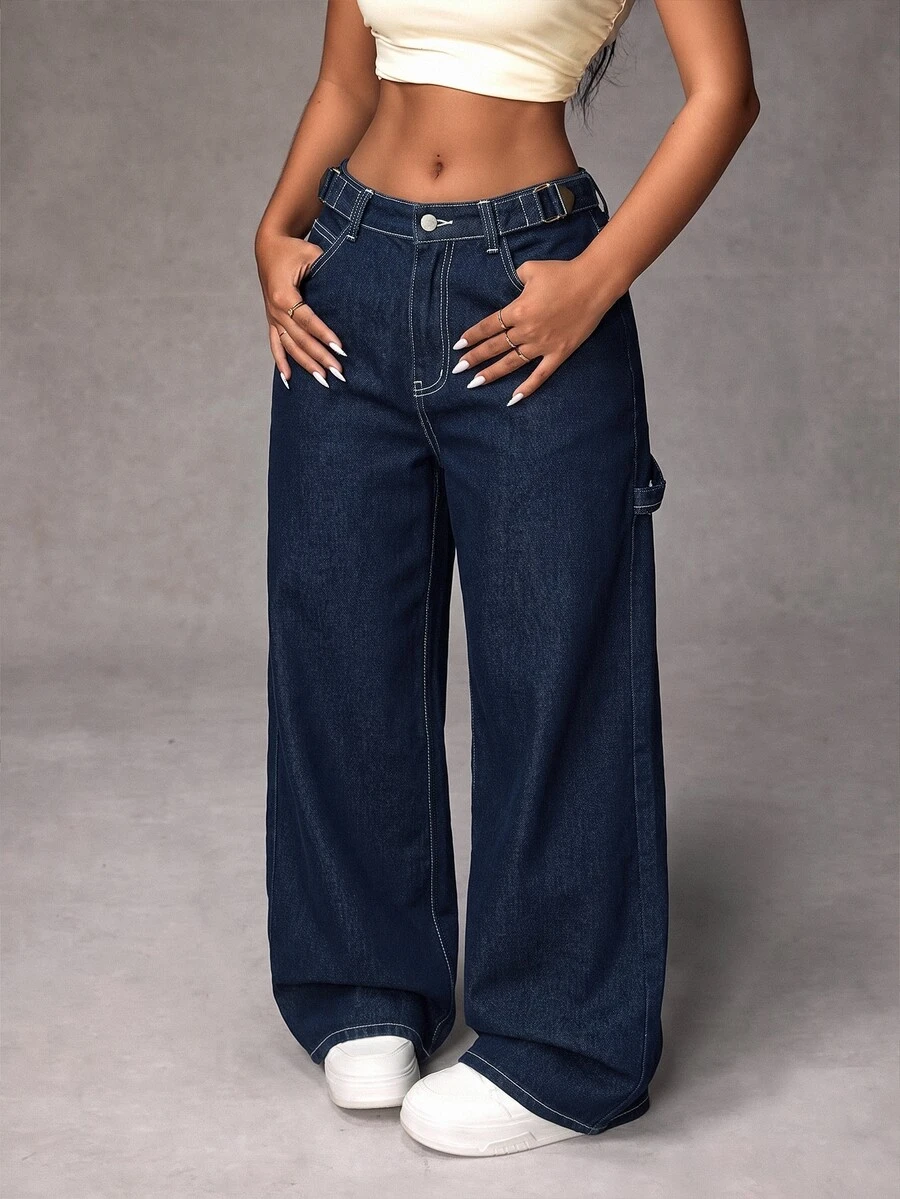 Rivivi Plus Size Women's Pocket Wide Leg Loose Casual Versatile Denim Jeans - Blue - View 1