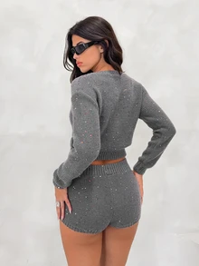 BAD SUNDAY Women's Fitted Lazy Home Sequin Sweater 2 Pieces Set, Y2K Style, Autumn/Winter - Dark Grey - View 5