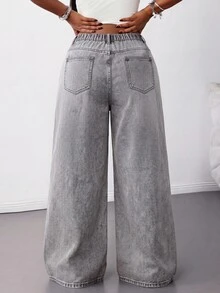SHEIN Tall CURVE 大尺碼時尚街頭風鈕扣口袋寬鬆牛仔褲 - 淺灰色 - 查看 6