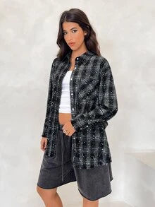BAD SUNDAY Autumn/Winter Women's Plaid Frayed Hem Oversized Shirt Y2K Millennium Style Hot Girl - Black - View 5