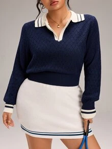 EMERY ROSE Plus Size Korean Style Zipper Half-Placket Contrast Color Knit Top - Navy Blue - View 6