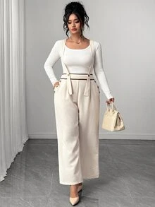 Elenzga Plus Size Colorblock Woven Wide Leg Overalls With Wide Strap, Button Detail At Waist Connection, Fashionable Retro Casual Commute Vacation Pastoral Style Jumpsuit - Apricot - View 6