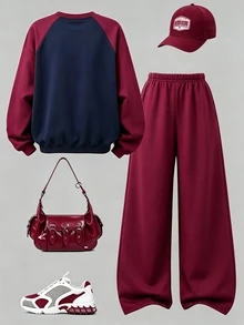 SHEIN 青少年女孩粉色與酒紅色拼色落肩袖圓領運動衫與側條紋寬腿運動長褲2件套，蝴蝶結印花休閒運動服裝，適合日常穿著、運動、好友聚會，四季穿搭 - 彩色 - 查看 2