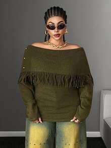 Maweii Plus Size Women's Off-Shoulder Lapel Collar Tassel Rivet Decor Cinched Cinched Waist Fashion Long Sleeve Sweater - Army Green - View 3