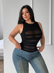 SHEIN SXY Plus Size Women Solid Color Contrast Mesh Fitted Sexy Tank Top - Black - View 1
