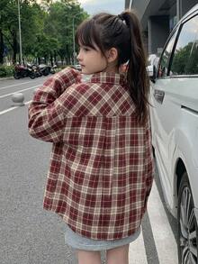 DAZY Tween Girl) Casual Long Sleeve Plaid Shirt With Collar, Basic Autumn Outerwear - Burgundy - View 2
