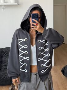 Coolane 女款秋冬休閒街頭風時尚復古圖案日常穿著學院風派對灰色寬鬆拉鍊保暖連帽衫秋季上衣 - 深灰色 - 查看 5