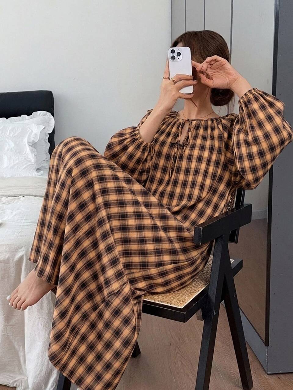 Plaid Long Loose Dress Nightgown Women's Loungewear Dress