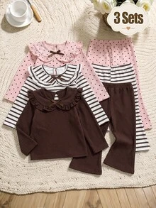 Infant Toddler Ribbed Ruffle Peter Pan Collar Long Sleeve T-Shirt And Flare Pants 2 Pieces Set, Polka Dot Print, Ribbed Print, Brown Solid Color Ribbed, Soft Fabric, Bowknot Accent Comfortable Casual Outfit, Suitable For Spring, Autumn And Winter - Multicolor - View 1