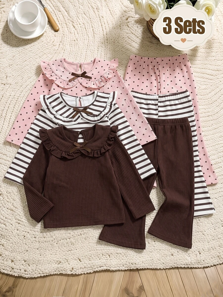 Infant Toddler Ribbed Ruffle Peter Pan Collar Long Sleeve T-Shirt And Flare Pants 2 Pieces Set, Polka Dot Print, Ribbed Print, Brown Solid Color Ribbed, Soft Fabric, Bowknot Accent Comfortable Casual Outfit, Suitable For Spring, Autumn And Winter - Multicolor - View 1