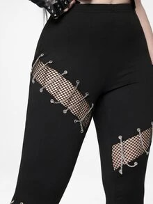 ROMWE Goth Women's Chain Decor Mesh Patchwork Casual Daily Fitted Leggings - Black - View 5