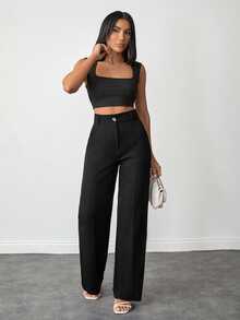 EURMUSE Plus Size Women Solid Color High Waist Straight Leg Pants For Everyday Wear - Black - View 4