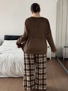 Napfluff CURVE Napfluff CURVE Cute Cartoon Bear Plush Home Wear, Fashion Plaid Casual Pajama 2 Pieces Set - Brown - View 2