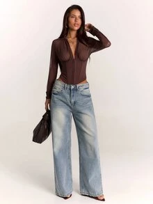 SHEIN BAE Women's Solid Color Zipper Slim Fit Versatile Daily Wear Long Sleeve Top - Brown - View 6