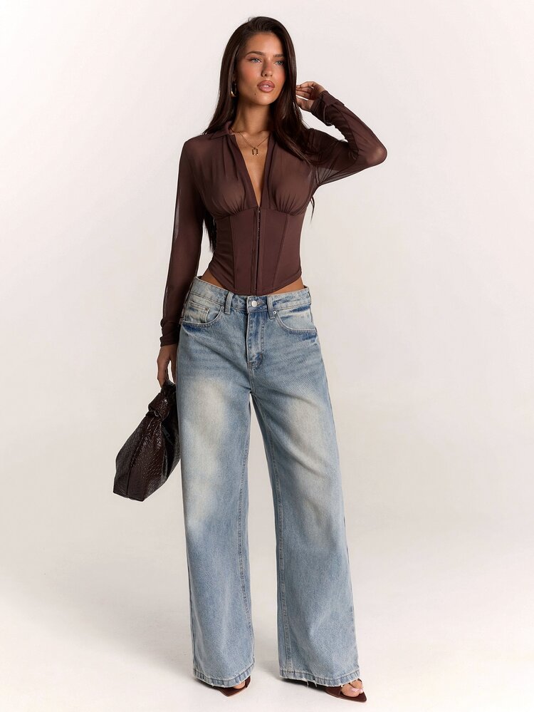SHEIN BAE 女款純色拉鍊修身百搭日常穿著長袖上衣 - 棕色 - 查看 6