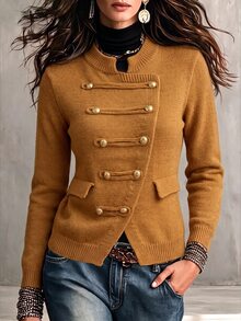 Omancia Autumn/Winter American Premium Vintage Design Asymmetrical Hem Button Napoleon Women's Cardigan Knit Jacket - Camel - View 4