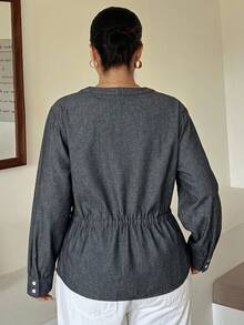 Dazy Plus Loose Round Neck Long Sleeve Drawstring Ruched Ruffle Elegant Casual Vintage Blouse Fall Denim Top Holiday Office Grey - Brown - View 2