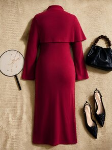 EastFlair Plus Size Women's Elegant 2 Pieces Set With Stand Collar Applique Decorated Shawl And Split Hem Dress - Burgundy - View 2