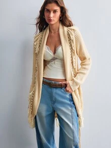 Willow Rêve Women's Beige Bohemian Tassel Knit Cardigan, Bohemian Style - Apricot - View 3