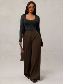 SHEIN Tall CURVE 大尺碼女款純色百褶休閒百搭日常穿著長褲 - 咖啡棕 - 查看 6