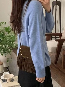 DAZY 女款純色長袖休閒寬鬆V領套頭毛衣 - 藍色 - 查看 2