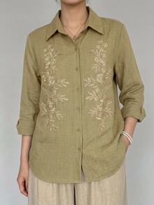DAZY Spring/Summer Women's Casual Lace Patchwork Blouse - Army Green - View 7