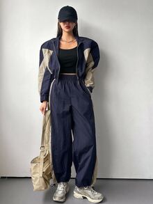 DAZY Women's Colorblock Patchwork Stand Collar Jacket & Pants Fashion 2 Pieces Set - Navy Blue - View 6