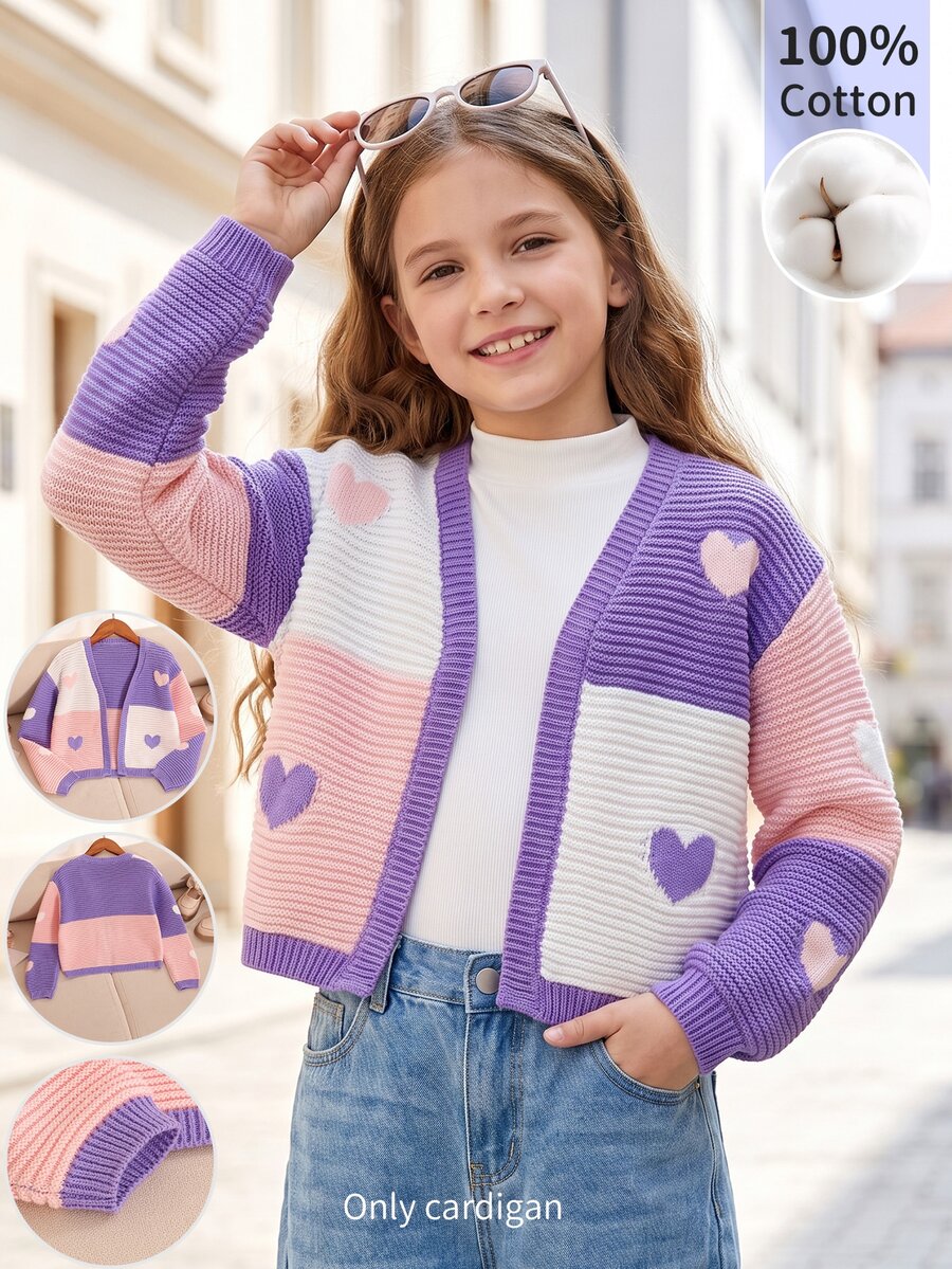 Tween Girls Heart Colorblock Knit Cardigan V-Neck Short Contrast Heart Pattern Sweater Jacket, Stylish Autumn/Winter Knit Top For Girls, Suitable For Daily Wear, School, Travel, Vacation, Party And Photo Shoots - Purple - View 1