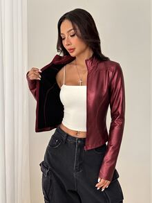 SHEIN PETITE 女款純色PU皮革長袖前拉鍊輕便夾克 - 酒紅色 - 查看 9