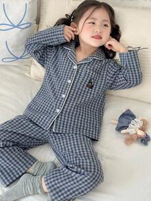 Dazy Kids 女童秋季小格紋刺繡長袖居家休閒套裝（褲裝套裝） - 藍白色 - 查看 3