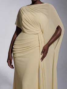 Elitara Plus Size Elegant Romantic Pale Yellow Asymmetrical Layered Design Pleated Flounce Fitted Mermaid Hem Dress For Evening Party Date Ball Vacation Wedding Event Bridesmaid Gown - Yellow - View 1