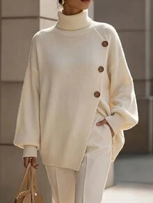 SHEIN Women's High Neck Asymmetrical Button Slit Knit Sweater, Loose Drop Shoulder Long Sleeve Pullover, Elegant Commuter Style, Versatile Knit Top For Autumn/Winter - Apricot - View 4