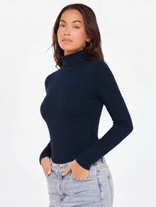 SHEIN BASICS 女款純色高領長袖修身休閒百搭T恤 - 藏蓝色 - 查看 3