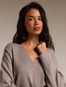 COSMINA Women's Solid Color V-Neck Dropped Shoulder Long Sleeve Casual Sweater - Khaki - View 6