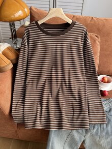 Comfortcana Plus Size Autumn/Winter Vintage Stretch Knit Striped Textured Loose Drop Shoulder Long Sleeve T-Shirt - Brown - View 5