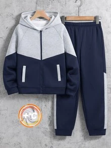 SHEIN 2件組兒童青少年男孩休閒運動日常百搭舒適拼色落肩袖連帽寬鬆套頭衛衣長袖運動外套收口寬鬆運動長褲針織運動套裝，適合日常穿著、上學、旅行、運動，秋冬款 - 藏蓝色 - 查看 2
