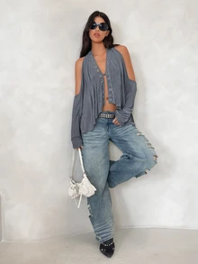 BAD SUNDAY Women's Sexy Cold Shoulder Backless Knit Blouse With Metal Eyelets, Versatile Streetwear Style For Autumn/Winter - Grey - View 5